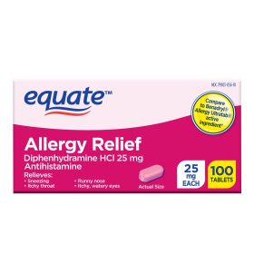 Equate Allergy Relief Tablets with Diphenhydramine HCl; 25mg Antihistamine; 100 Count