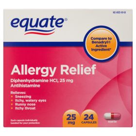 Equate Diphenhydramine Allergy Relief Capsules; 25 mg; 24 Count