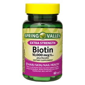 Spring Valley Extra Strength Biotin Plus Keratin Dietary Supplement; 10; 000 mcg; 60 Count