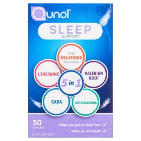 Qunol Sleep Support, 5 in 1 Non-Habit Forming Sleep Aid, Supplement with time-released Melatonin 5mg, Ashwagandha, GABA, Valerian Root, L-Theanine