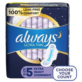 Always Ultra Thin Extra Heavy Overnight Pads with Wings; Size 5 Unscented 34 CT